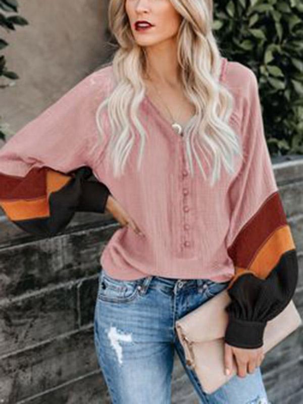 Women Color-Block Balloon Sleeve Casual Blouse