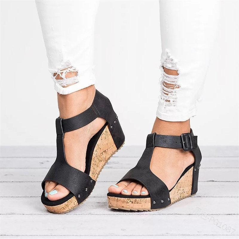 Peep Toe Buckle Strap Wedge Heel Sandals