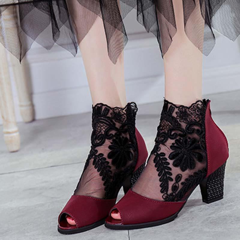 Women Fashion Net Yarn Spliced Peep Toe Sandals Pumps