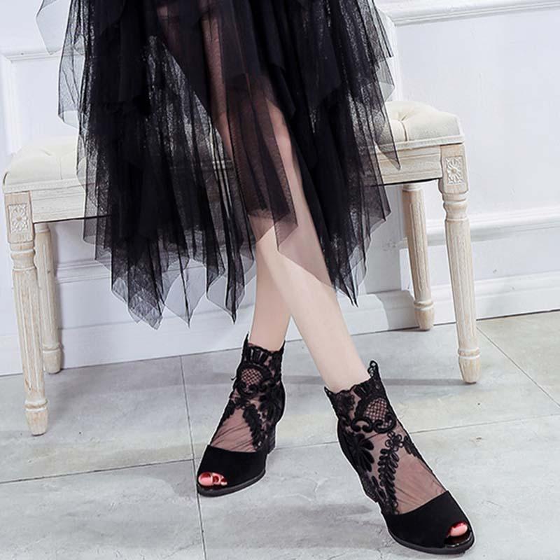 Women Fashion Net Yarn Spliced Peep Toe Sandals Pumps