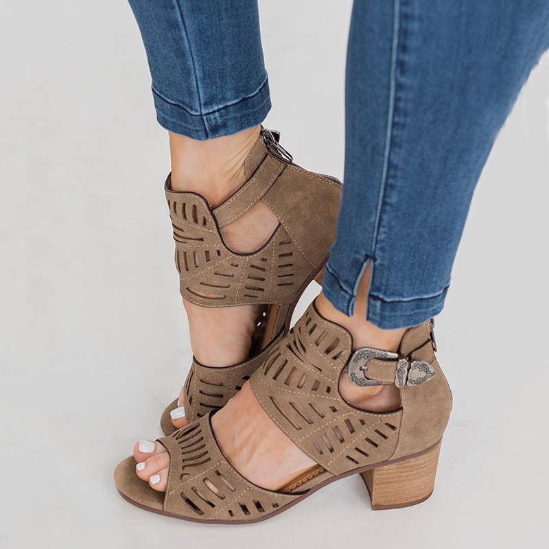 Women Artificial Leather Chunky Heel Adjustable Buckle Sandals Casual Shoes