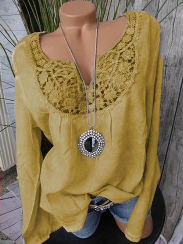 V-neck Paneled Lace Blouse Solid Tops