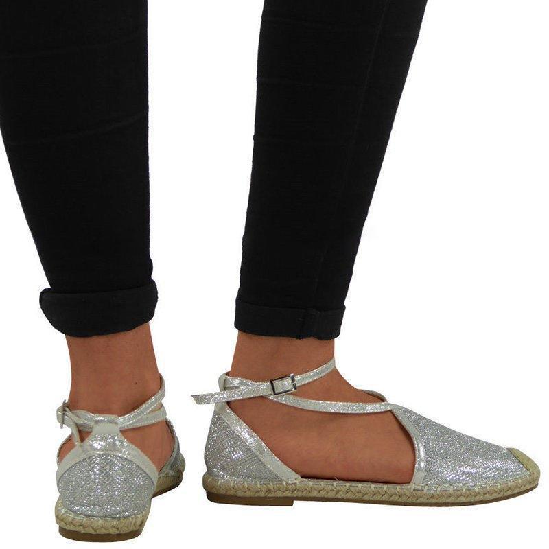 Women Flat Heel Espadrille Shoes Buckle Shining Sandals