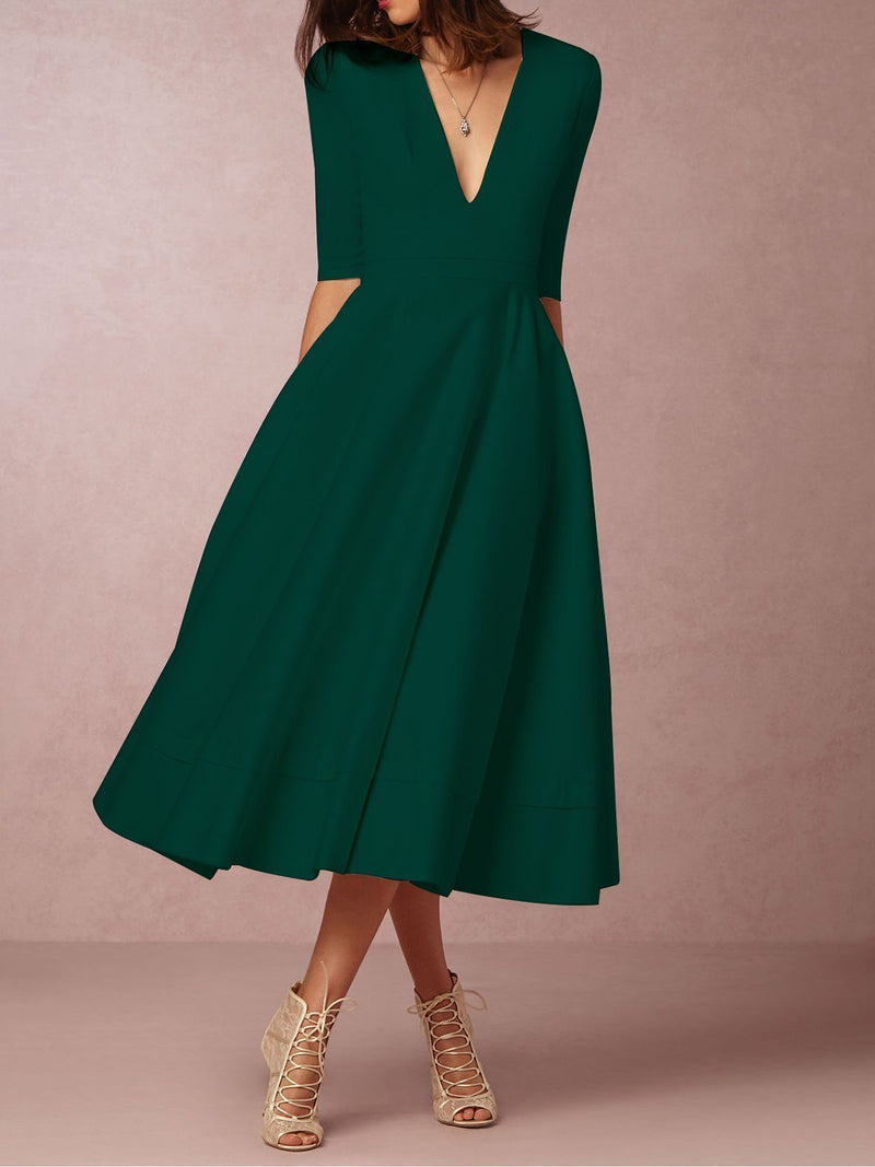 Deep V-Neck Solid Elegant Dress