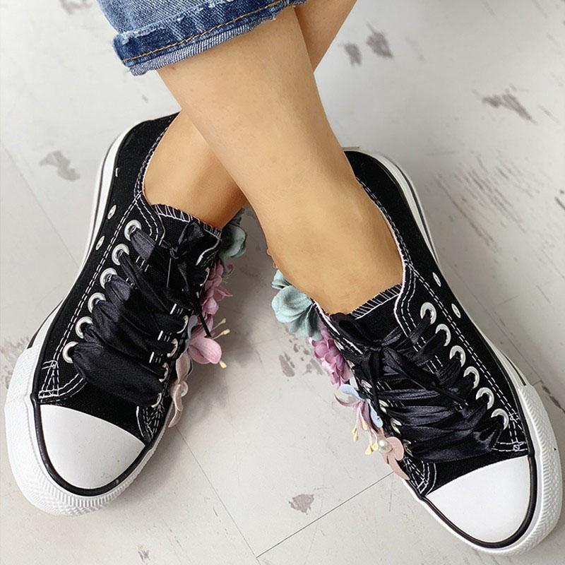 Women Floral Embellished Lace-Up Casual Sneakers