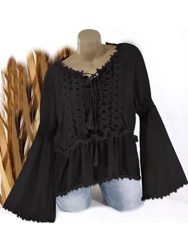 Women Flare sleeve Round Neck Casual Lace Splice Long Sleeve Blouse