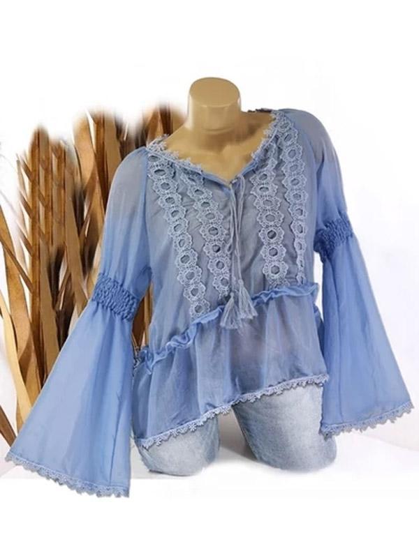 Women Flare sleeve Round Neck Casual Lace Splice Long Sleeve Blouse