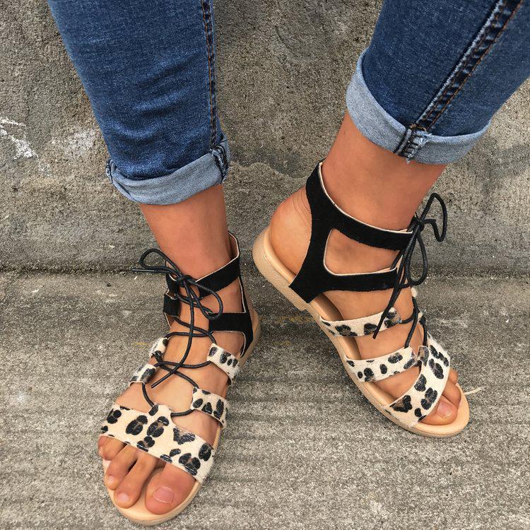 Leopard Patchwrok Lace-up Sandals Peep-toe Shoes