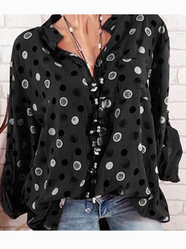 Daily Plus Size Dot Print Blouse Loose Lapel Tops For Women