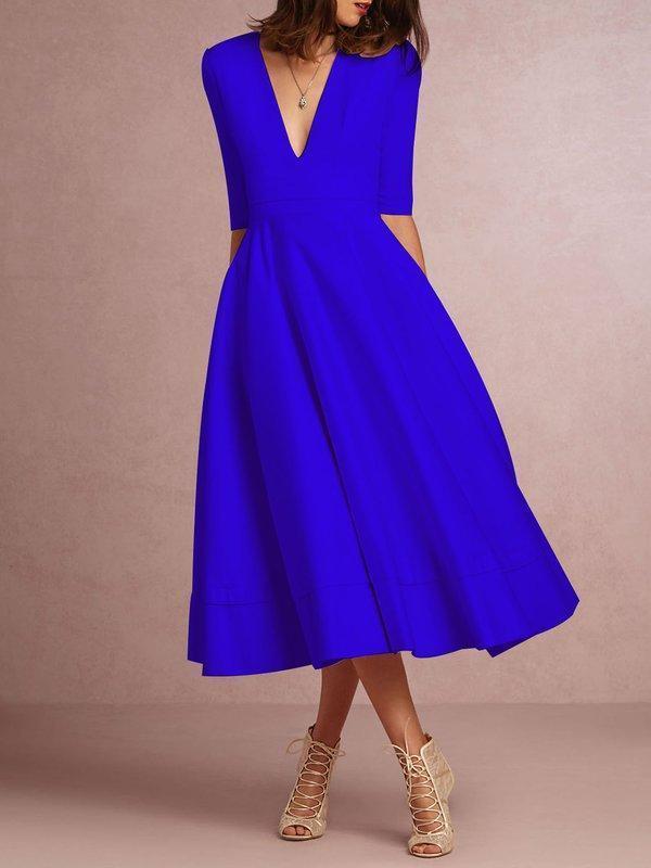 Deep V-Neck Solid Elegant Dress