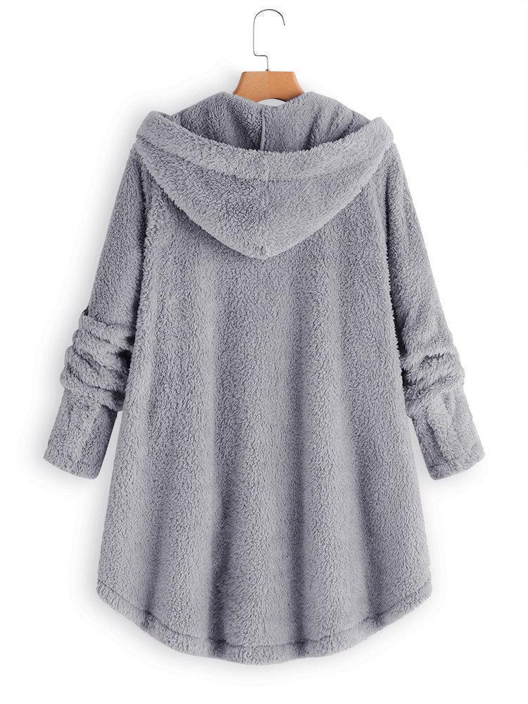 Women Fleece Hooded Asymmetrical Hem Button Coat