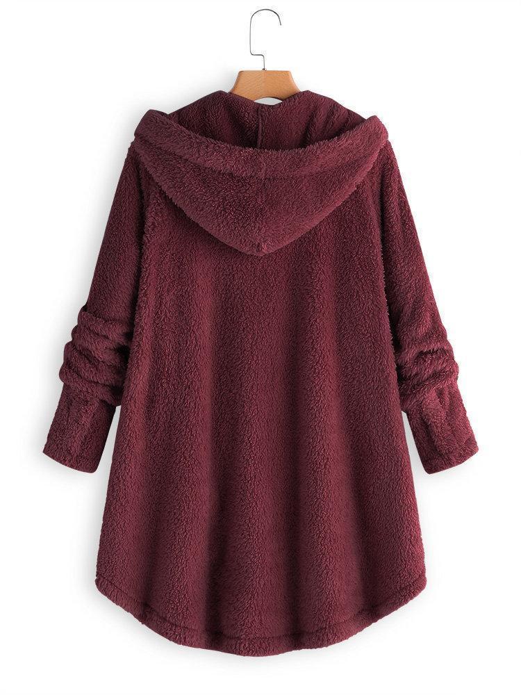 Women Fleece Hooded Asymmetrical Hem Button Coat