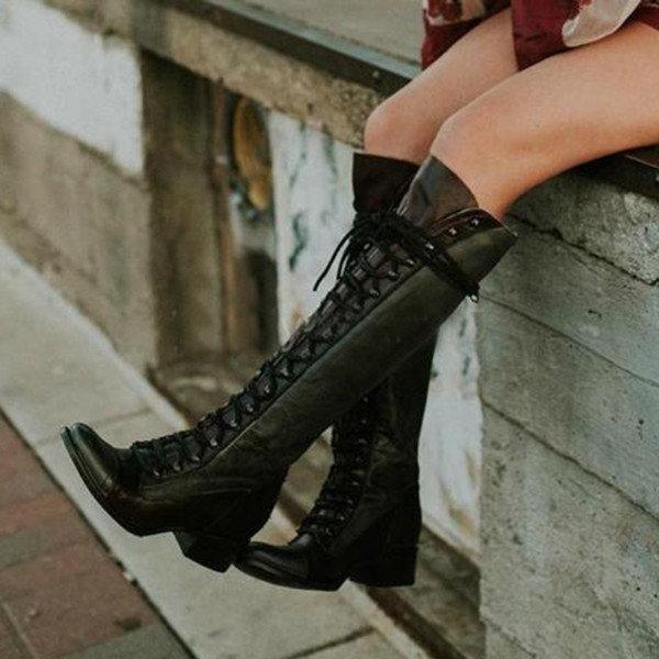 Women Winter Vintage Boots Lace-up Knee-high Shoes