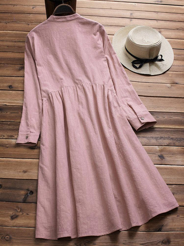 Stand Collar Pleated Solid Color Long Sleeve Cotton Dresses