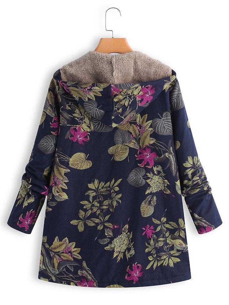 WOMEN FLORAL LONG SLEEVE HOODIE POCKETS WINTER PLUS SIZE COAT