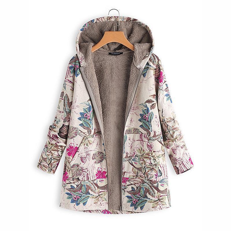 WOMEN FLORAL LONG SLEEVE HOODIE POCKETS WINTER PLUS SIZE COAT